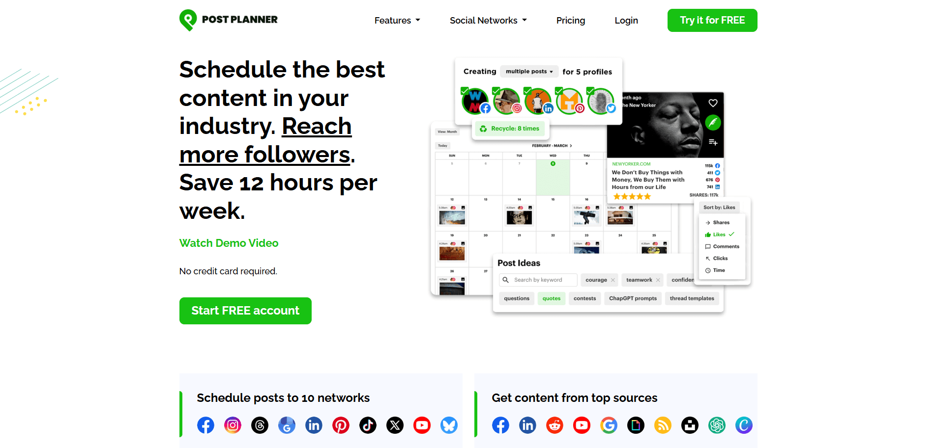 Post Planner homepage showing calendar, post ideas, and content sorting by likes or shares.