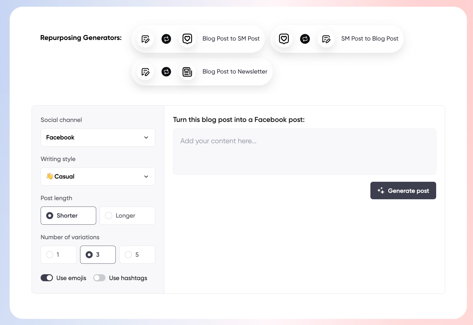 Planable interface for repurposing blog posts into Facebook content with casual writing style.