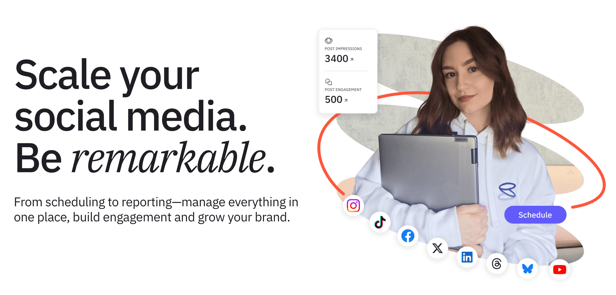Sendible homepage banner showing a woman with a laptop and icons for scheduling across platforms.