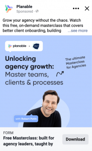 Facebook ad promoting Planable’s free masterclass on agency growth, featuring expert Robert Patin.