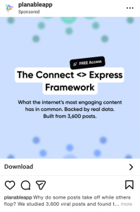 Instagram ad promoting Planable’s Connect <> Express Framework built from analysis of 3,600 viral posts.