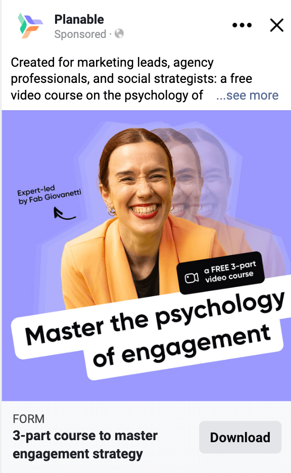 Facebook ad for a free 3-part video course on mastering engagement, featuring expert Fab Giovanetti.