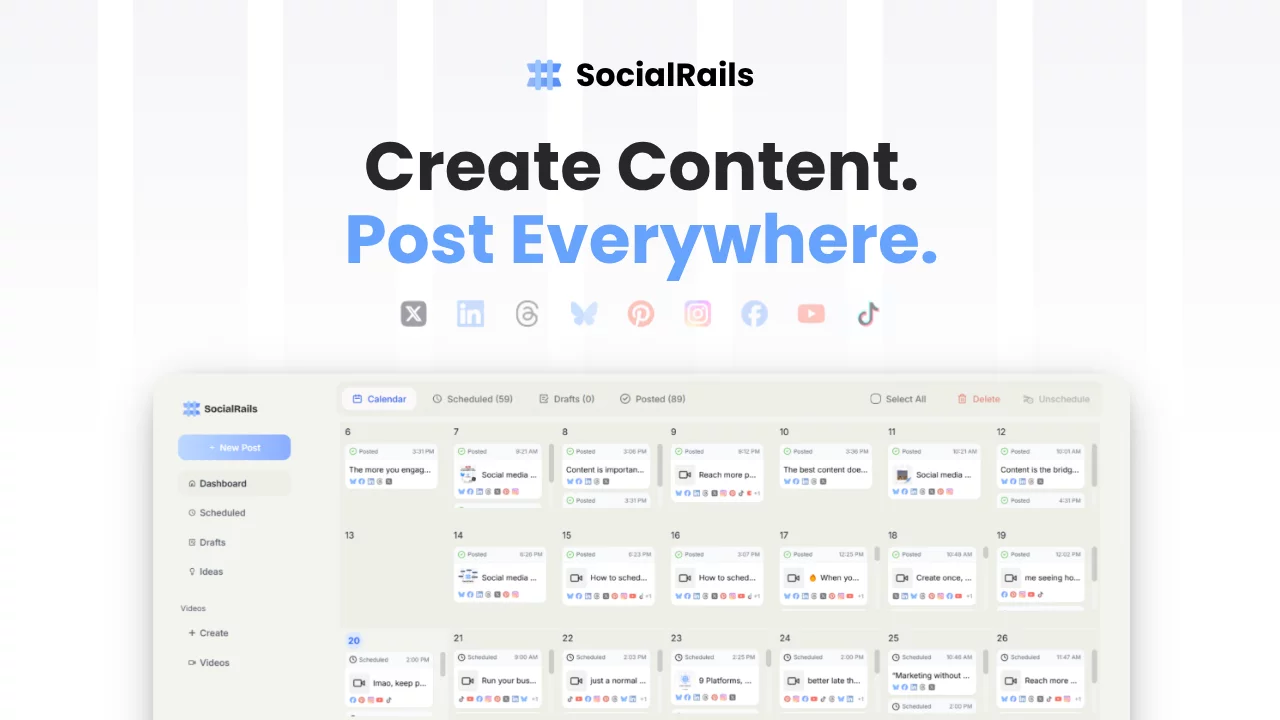 social rails content calendar with social media posts scheduled across platforms and days