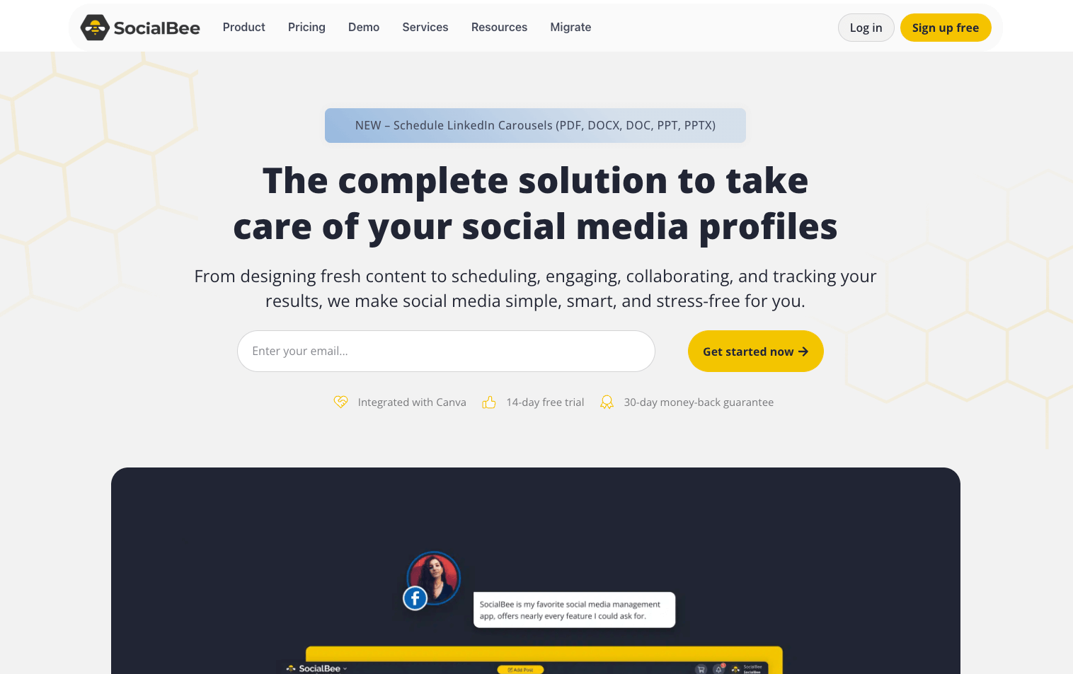 SocialBee homepage promoting social media management with email signup and Canva integration.