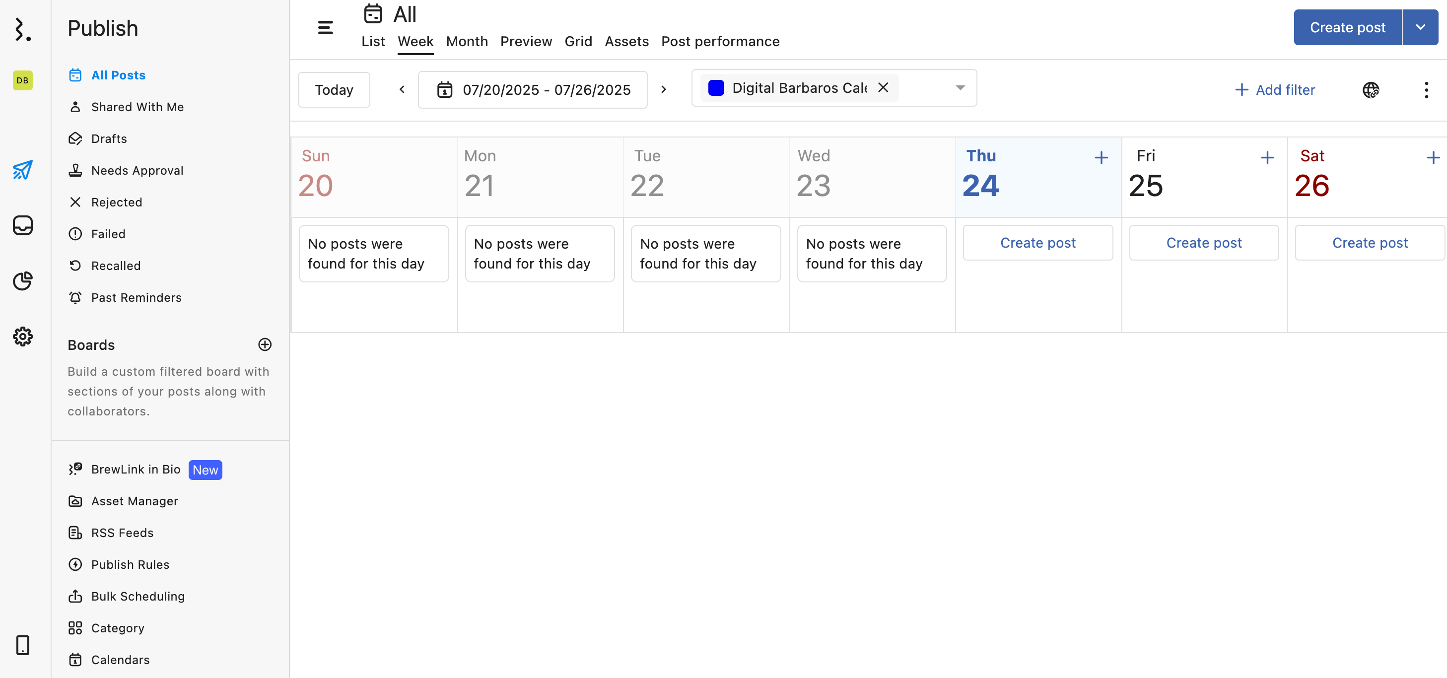 Weekly social media calendar view with empty post slots and scheduling options in Statusbrew.