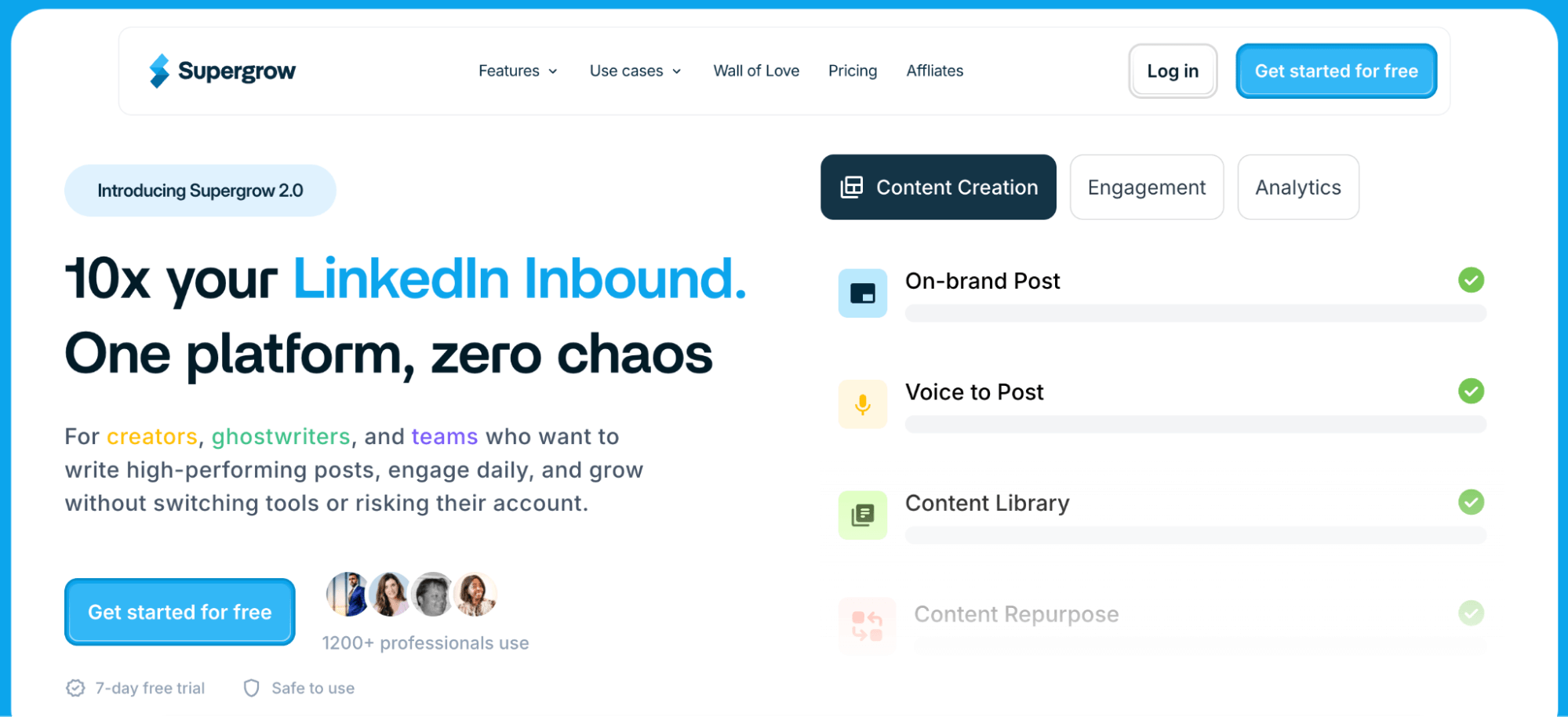 Supergrow homepage promoting LinkedIn content tools for creators, ghostwriters, and teams.