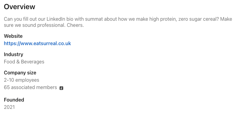 Surreal’s LinkedIn company overview showing food brand details, size, website, and request for bio update.