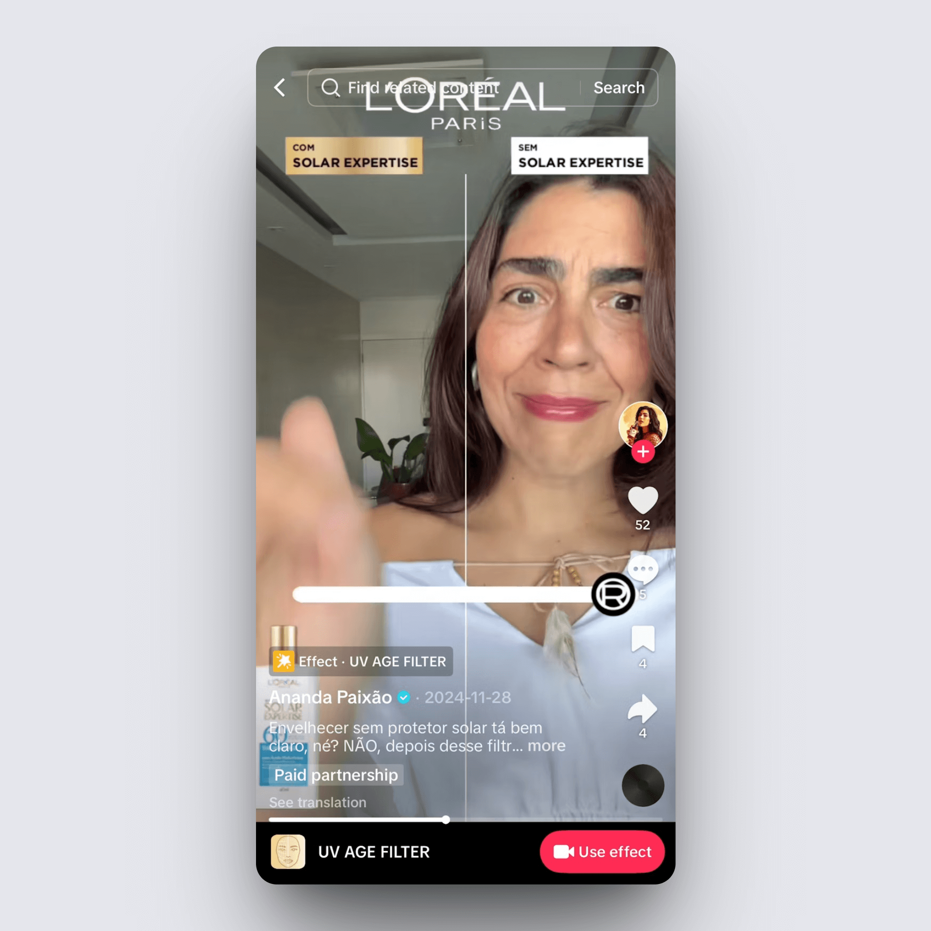 TikTok brand effect ad showing split-screen UV protection comparison on woman’s face by L’Oréal.