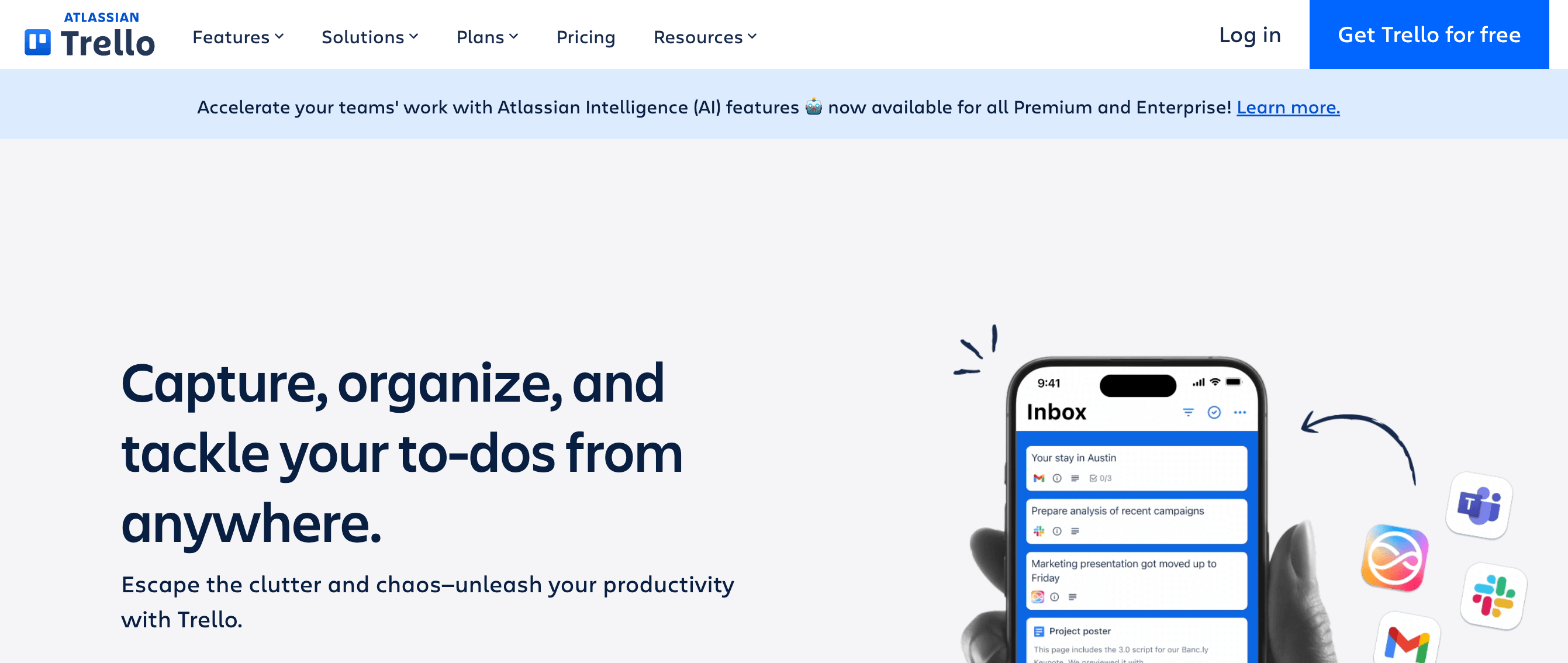 Trello homepage with mobile task list and integrations like Slack and Gmail shown beside it.