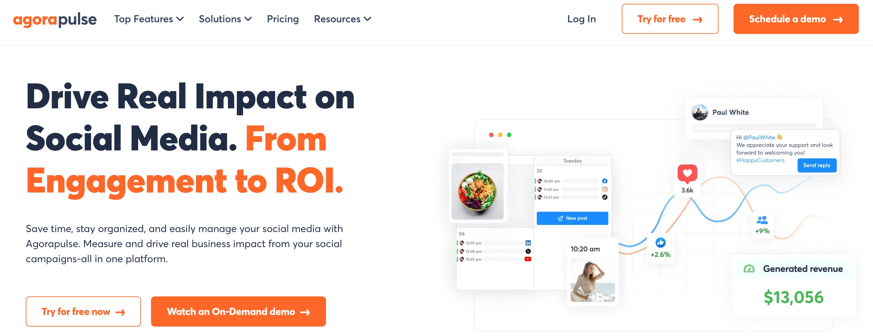 gorapulse homepage showing social media calendar, analytics, and customer engagement features with ROI data.