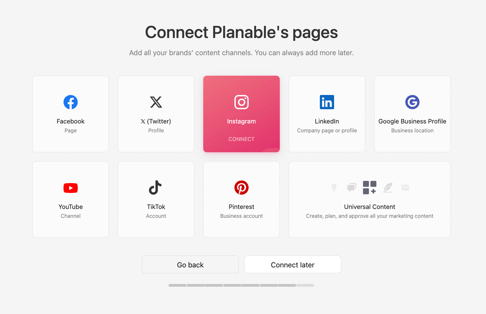 Écran de connexion dans Planable pour lier des comptes de réseaux sociaux, Instagram sélectionné.