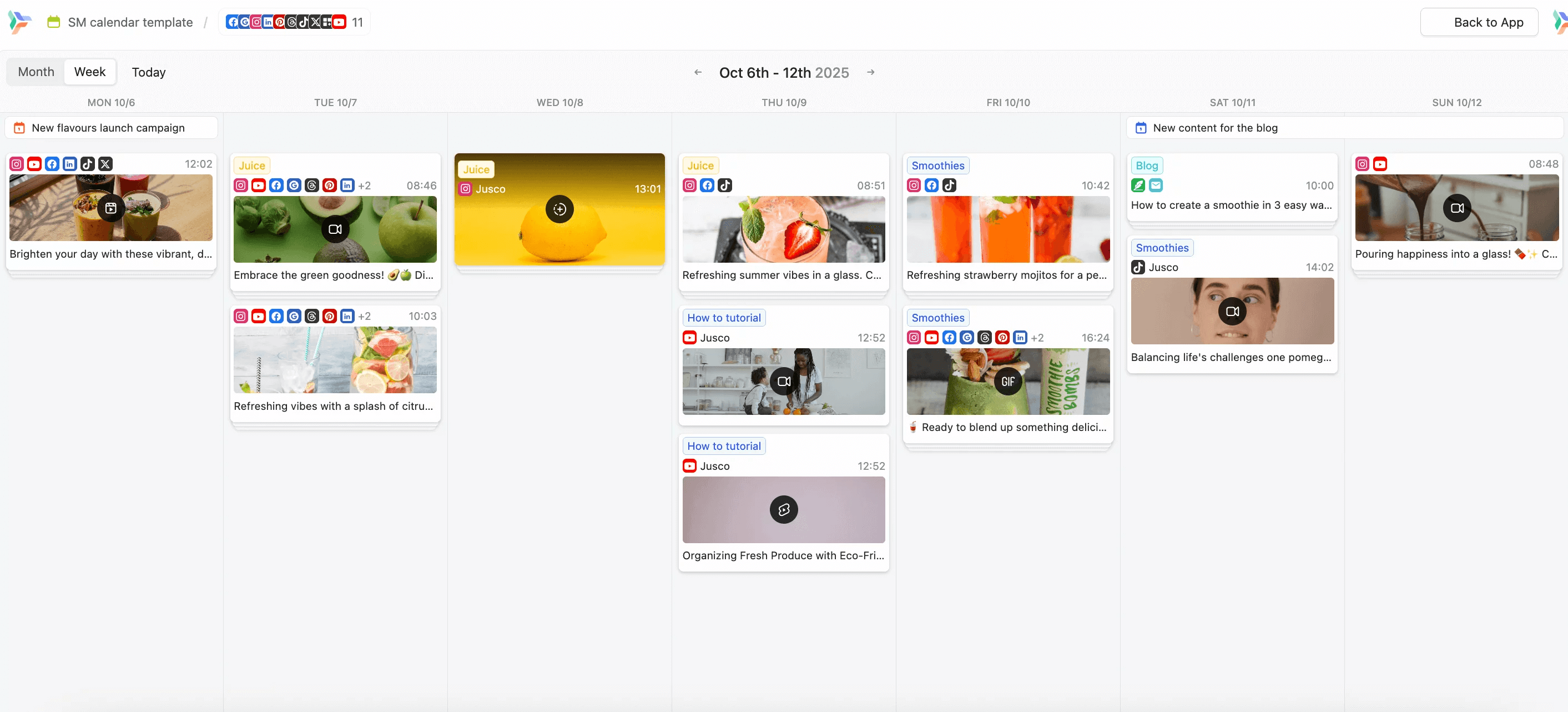 Weekly content calendar in Planable featuring social media posts across multiple platforms.