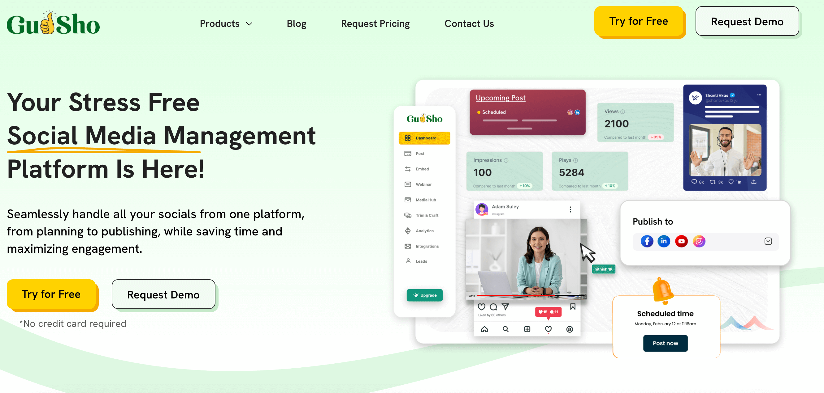 Gudsho homepage promoting tools for scheduling, publishing, and analytics.
