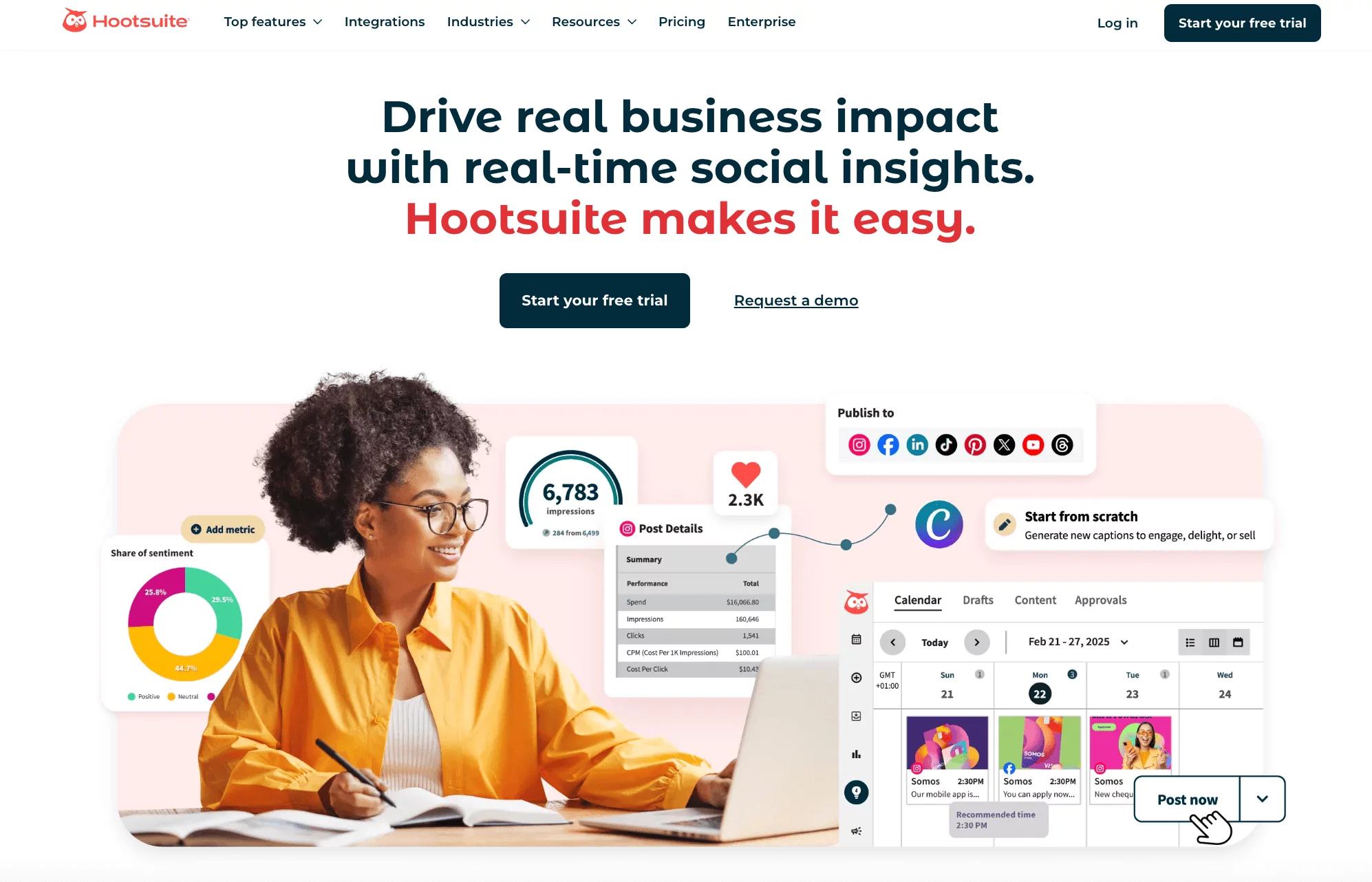 Woman analyzing social media data on Hootsuite dashboard with charts and scheduling tools.