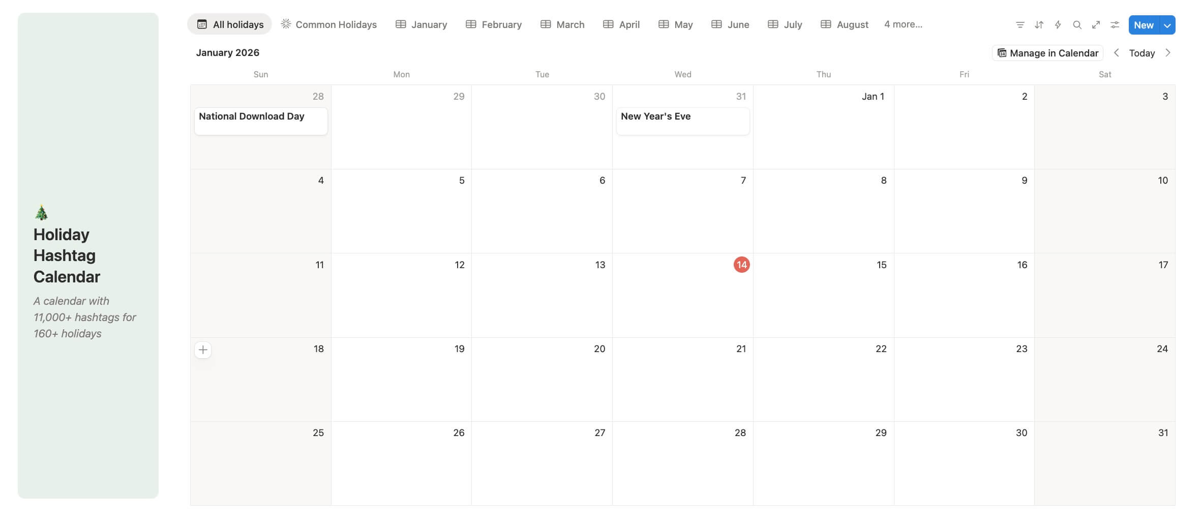 holiday hashtag calendar with events like National Download Day and New Year's Eve marked.