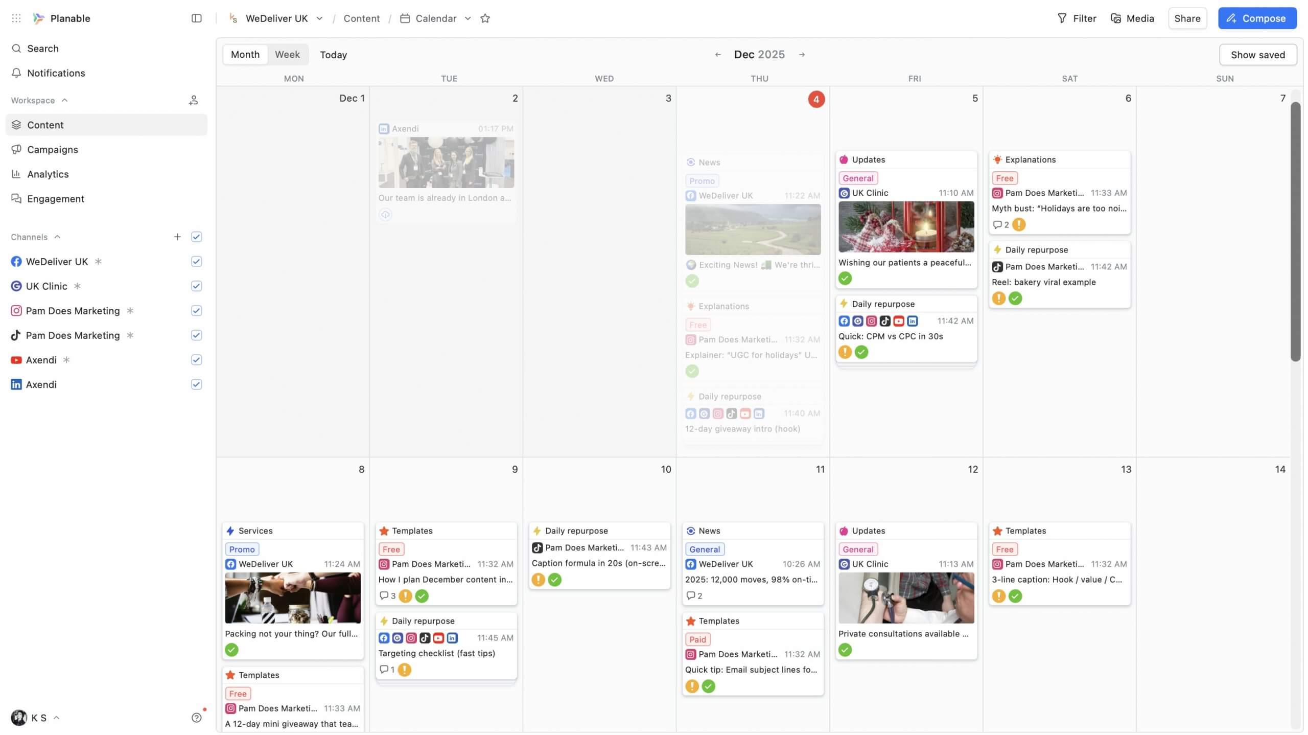 Planable calendar view with scheduled posts for multiple brands including UK Clinic and Pam Does Marketing.