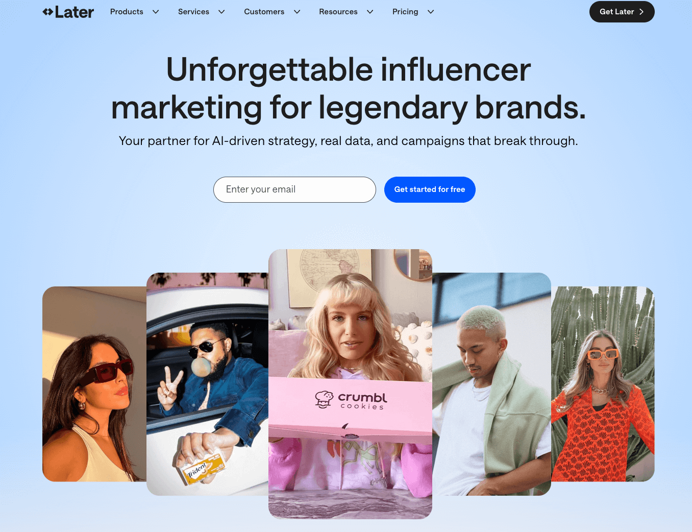 Influencers featured on Later homepage promoting brands with the tagline about AI-driven marketing strategy.