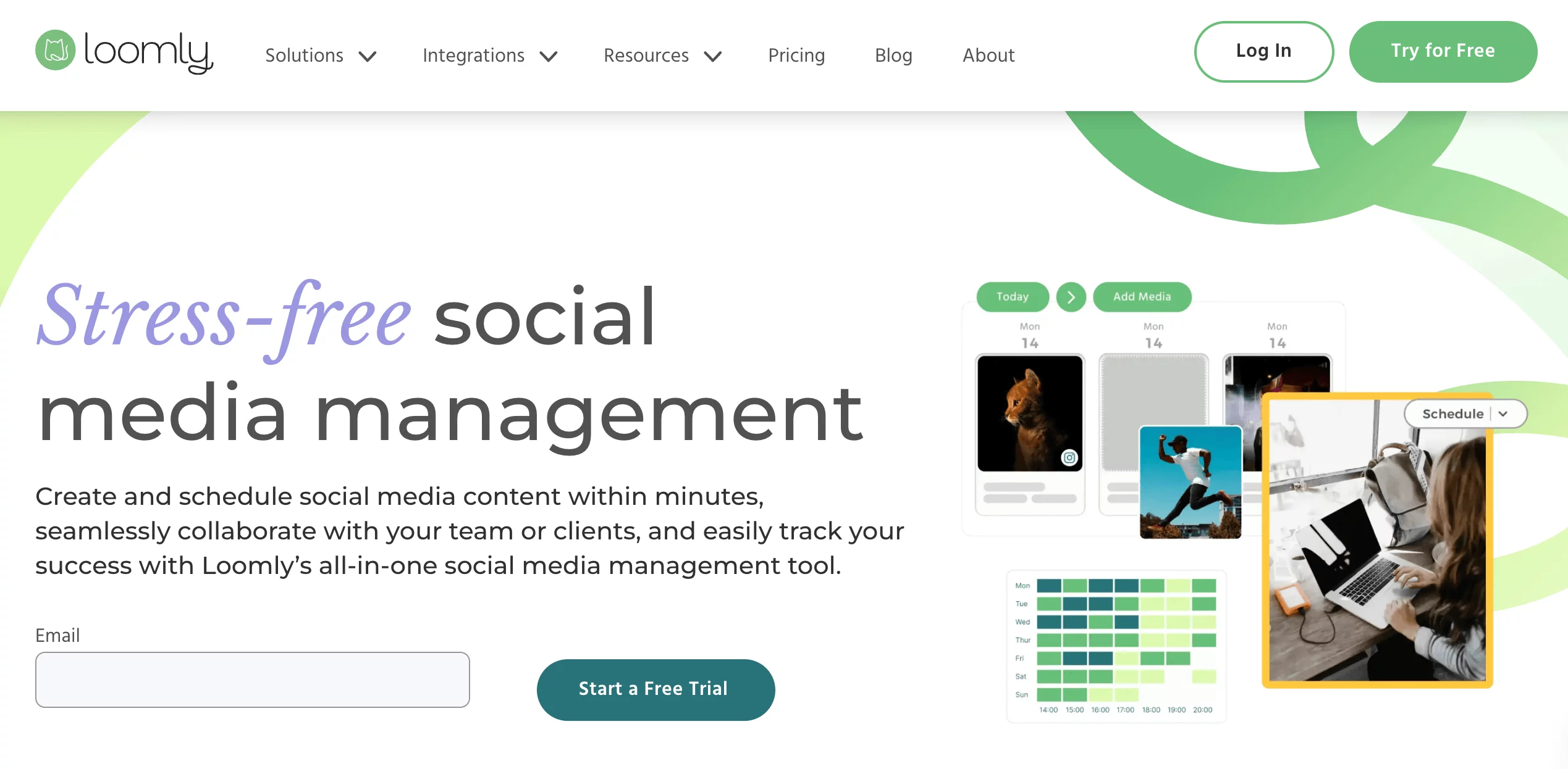 Loomly homepage showing post scheduling, media previews, and a woman working on a laptop for content planning.