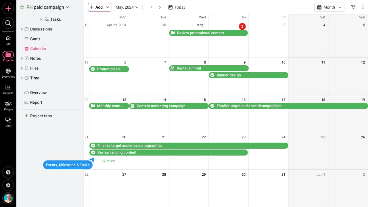 proofhub calendar showing planned marketing campaigns 