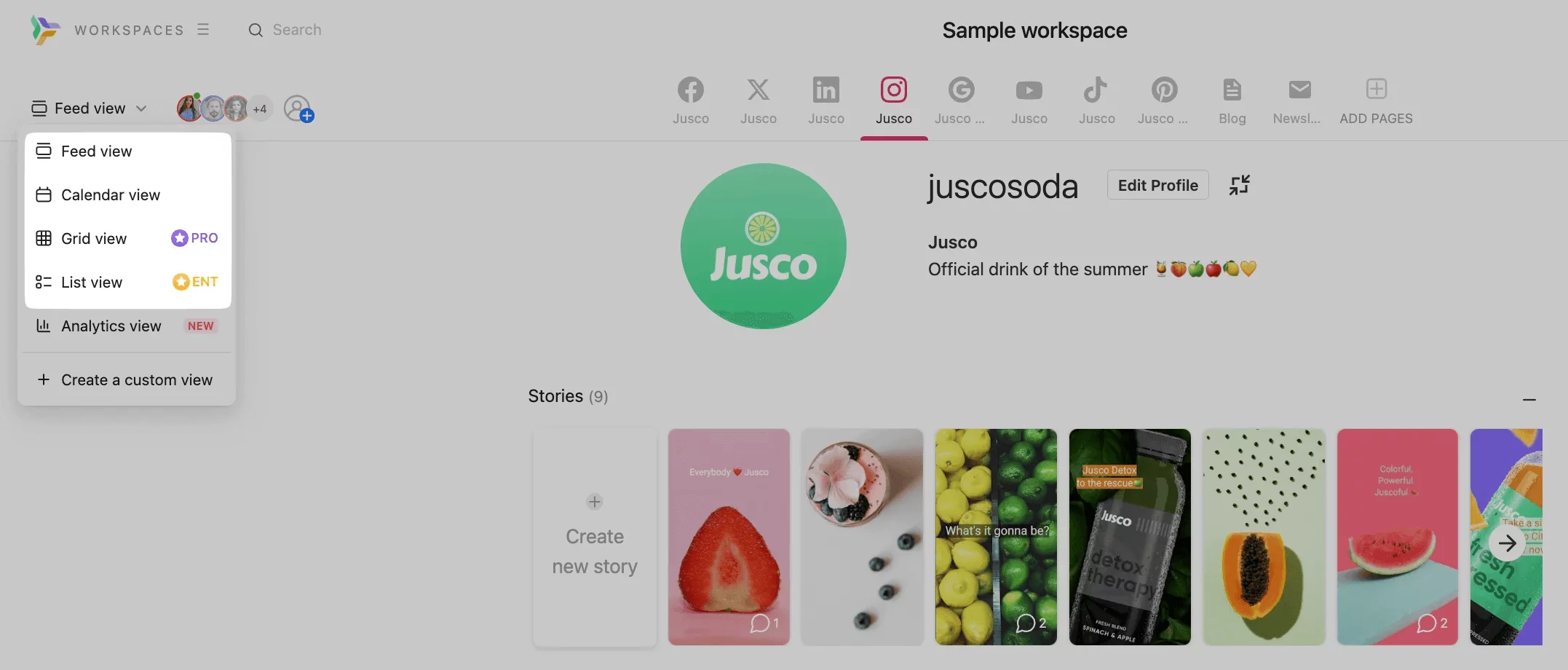 Menu déroulant dans Planable avec options d’affichage : flux, calendrier, grille et liste.