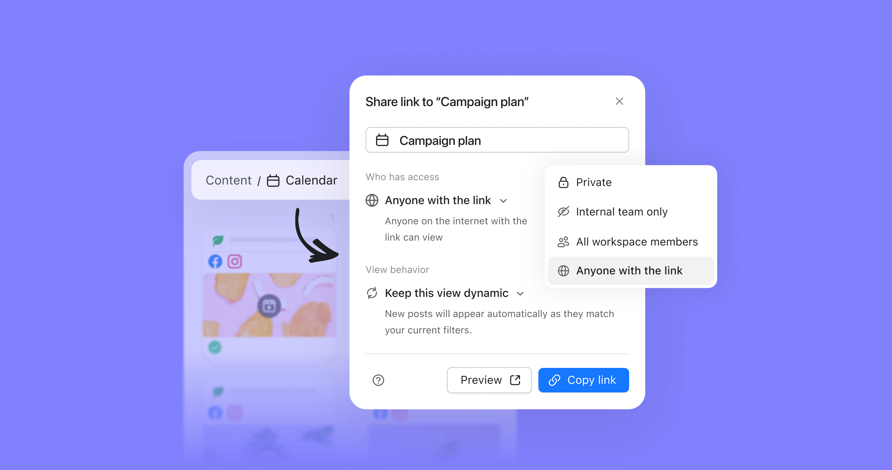Share settings popup showing “Anyone with the link” option selected for a campaign calendar view.