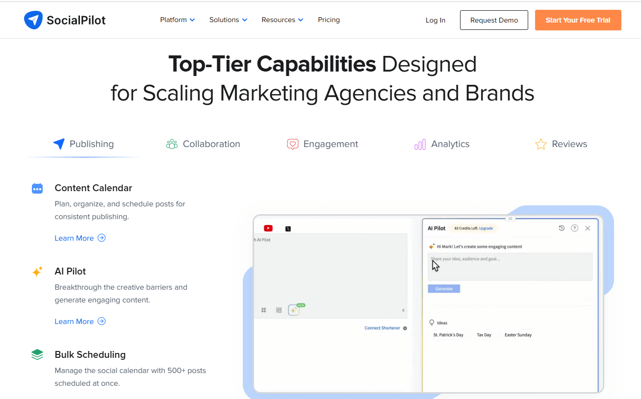 SocialPilot feature overview highlighting AI Pilot, content calendar, and bulk scheduling tools for marketers.