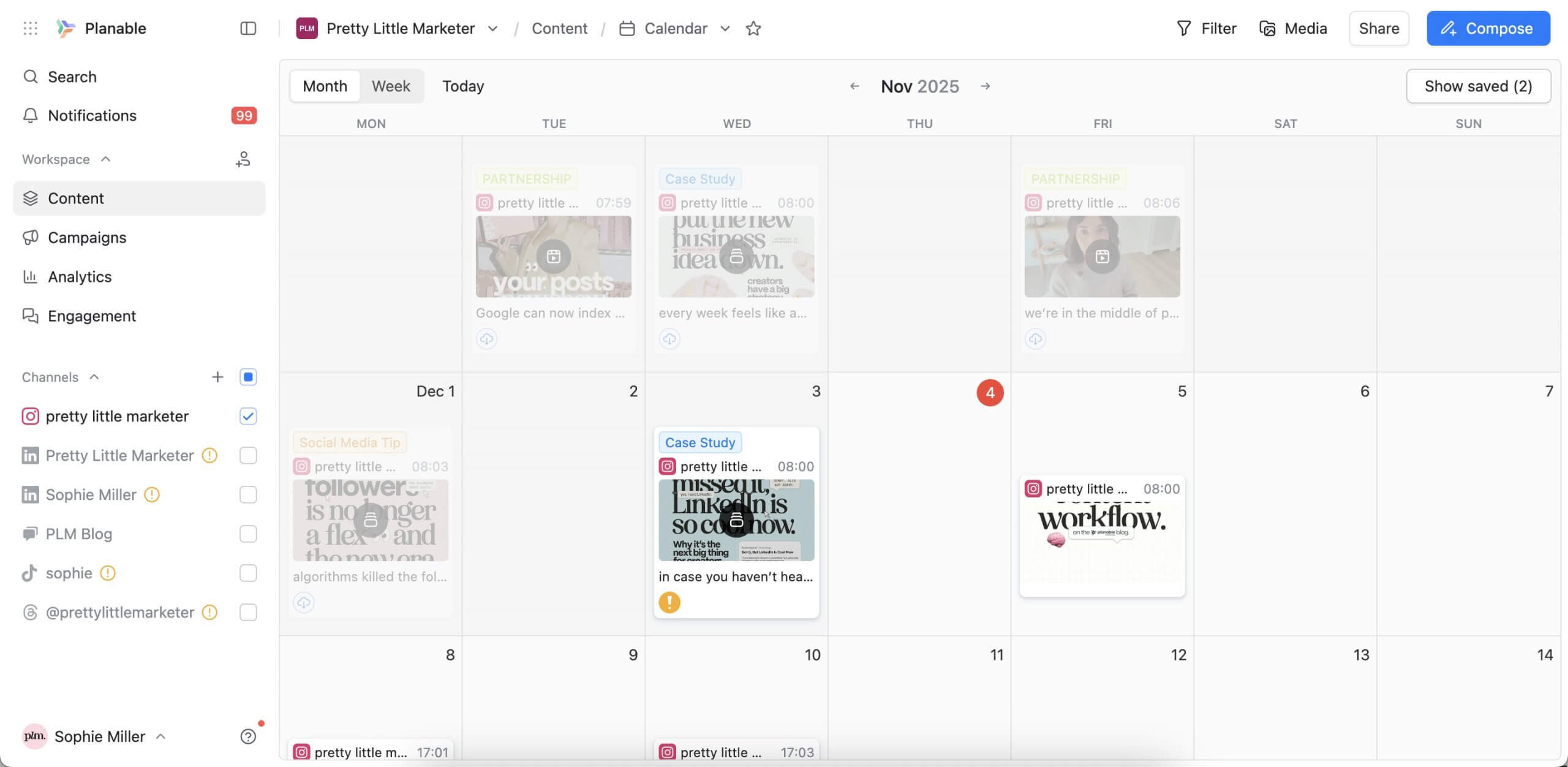 Social media content calendar in Planable for Pretty Little Marketer, showing scheduled Instagram posts.