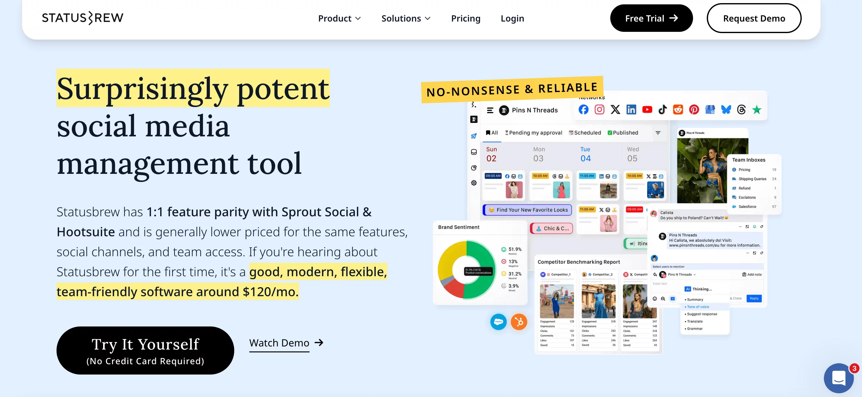 Statusbrew homepage highlighting analytics dashboard, content calendar, and team inbox for social media.