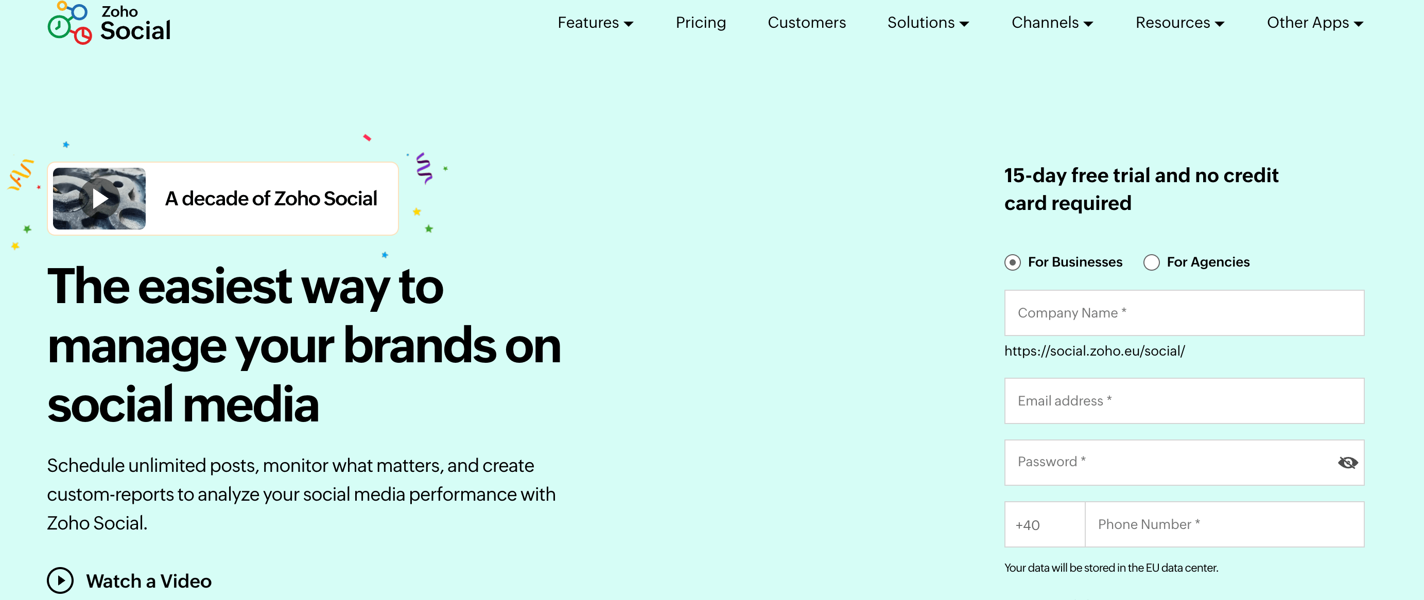 Zoho Social homepage with tagline about managing social media brands and a free trial signup form.