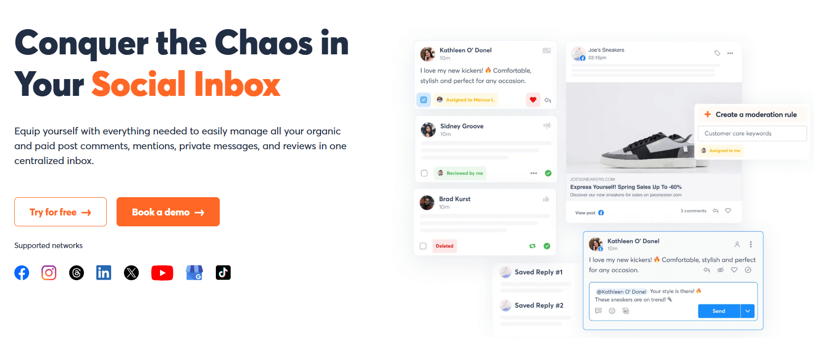 Centralized inbox in Agorapulse showing message moderation, comment tagging, and social media response tools.