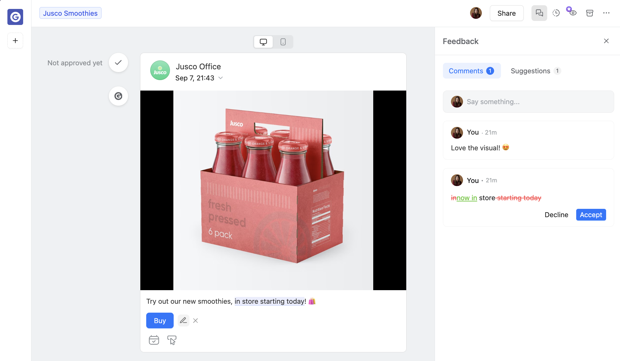 Google Business post approval screen with smoothie product image, comments, and suggested text edits.