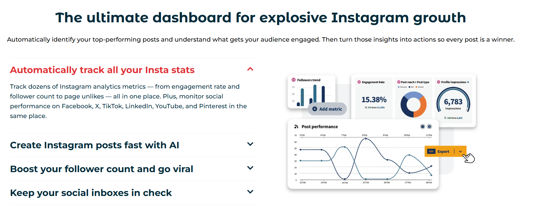 Instagram in Hootsuite's dashboard showing engagement rate, follower trends, and post performance graphs.