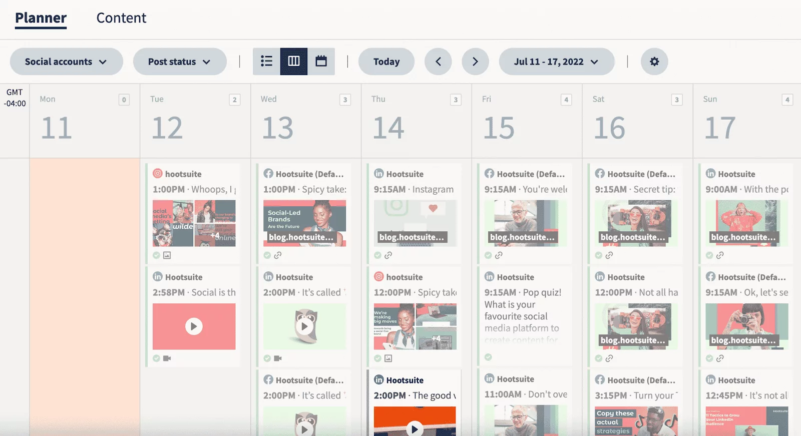 Weekly social media content planner with scheduled posts across multiple social platforms