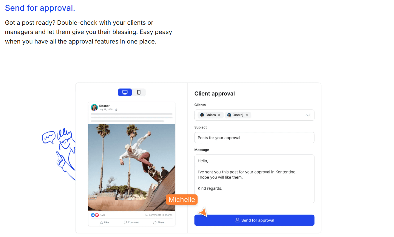 Kontentino client approval screen showing a preview of a post, message field and ‘Send for approval’ button.