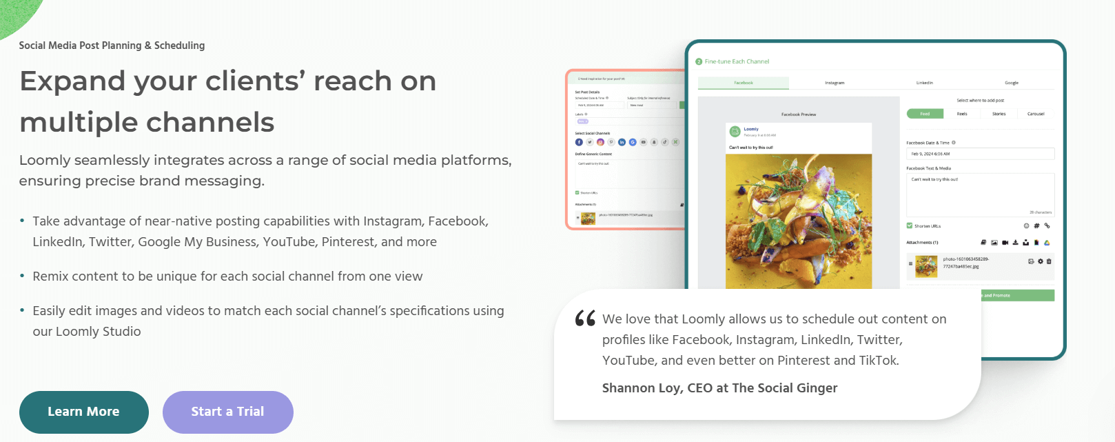 Loomly post preview across multiple platforms with brand-specific customization.