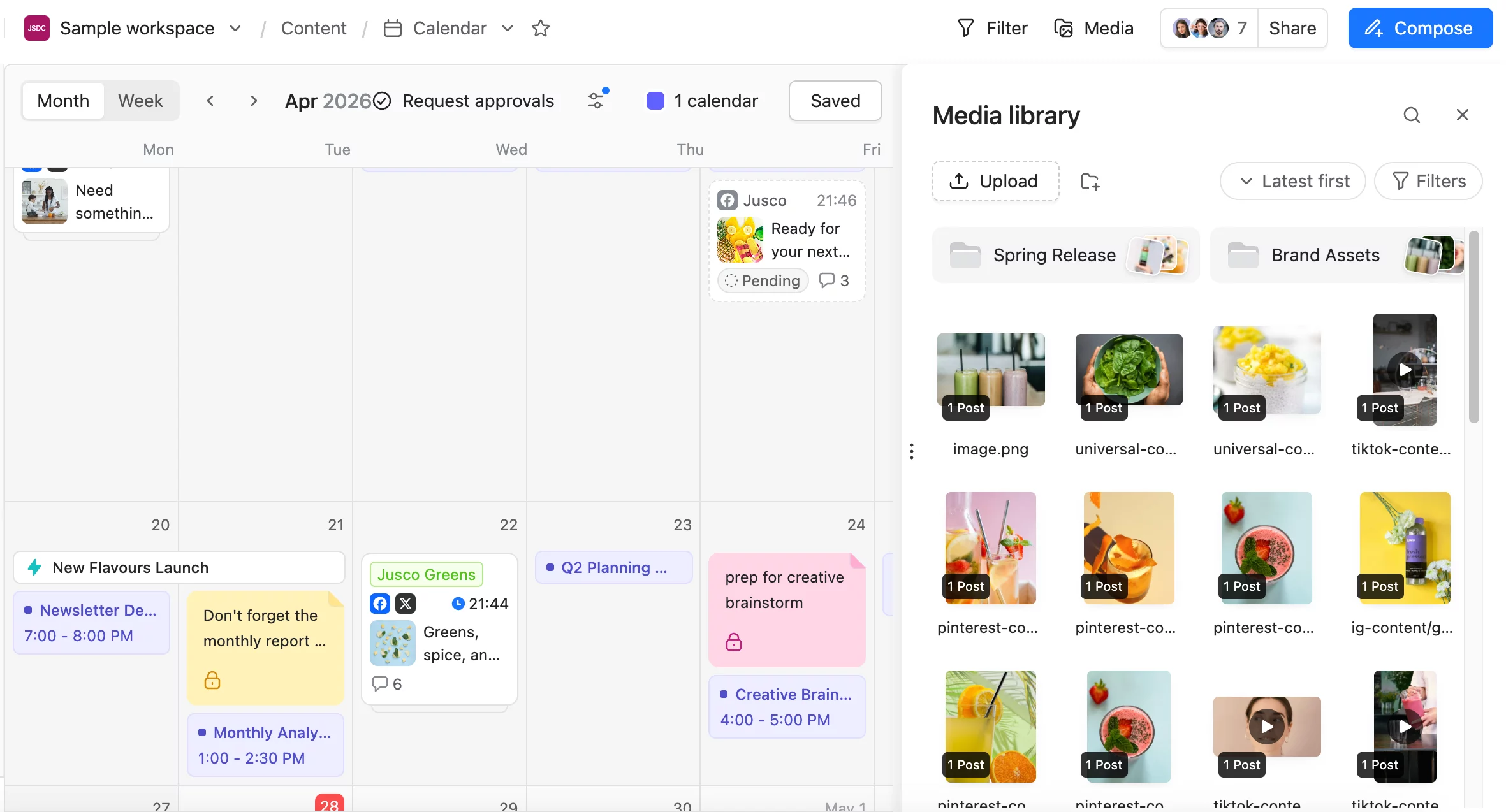 Planable content calendar with media library and scheduled posts.