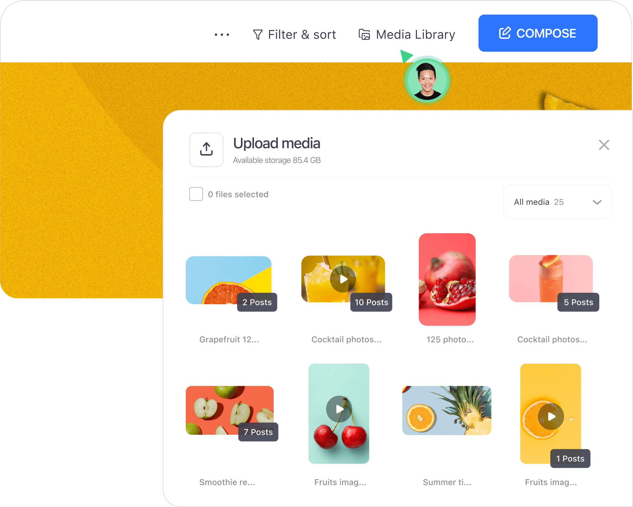 Media library in Planable showing folders and image previews for content assets.
