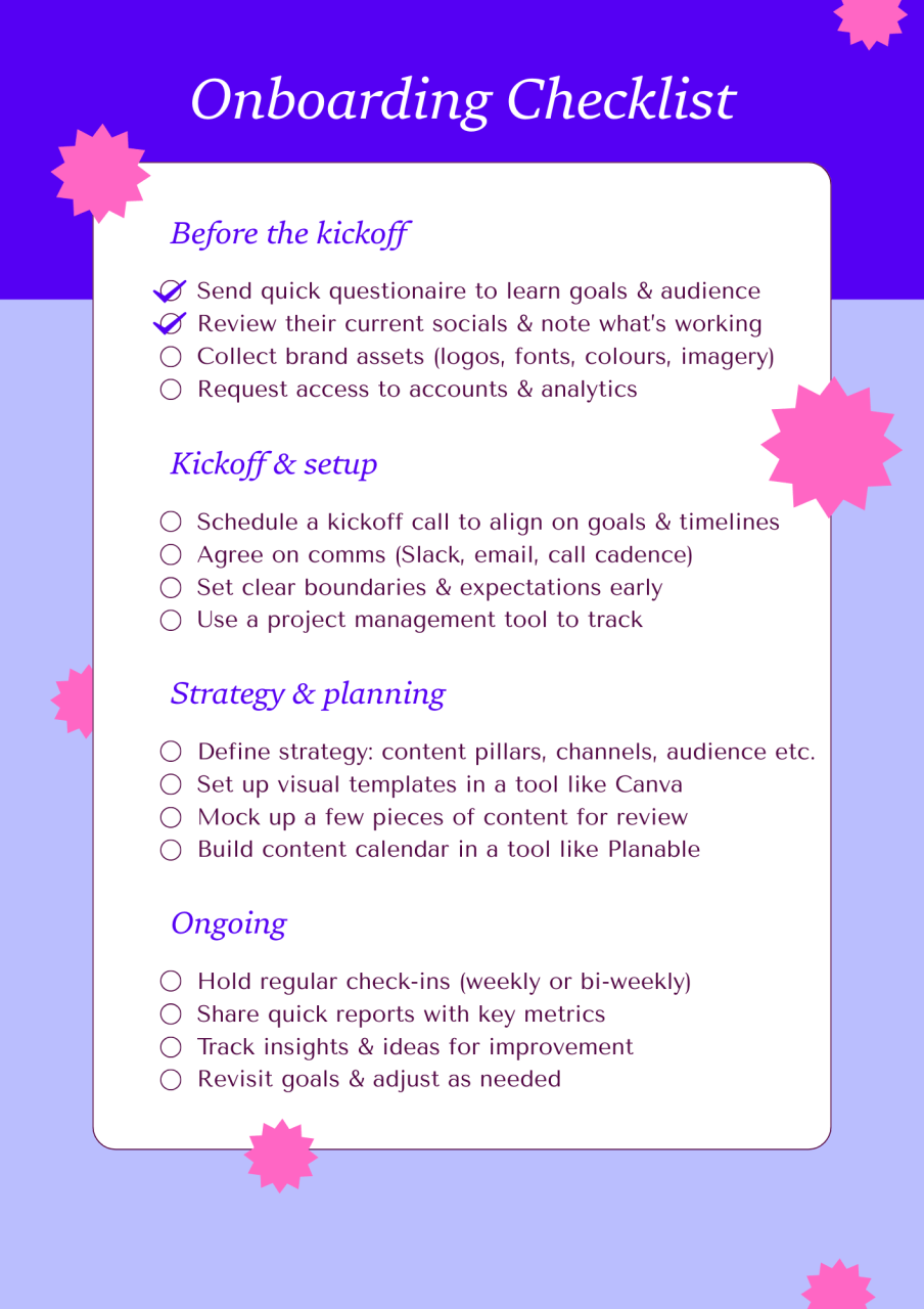 Onboarding checklist made by Hayley Roadger with tasks under four stages: Before kickoff, Kickoff, Strategy, and Ongoing, with two items checked.