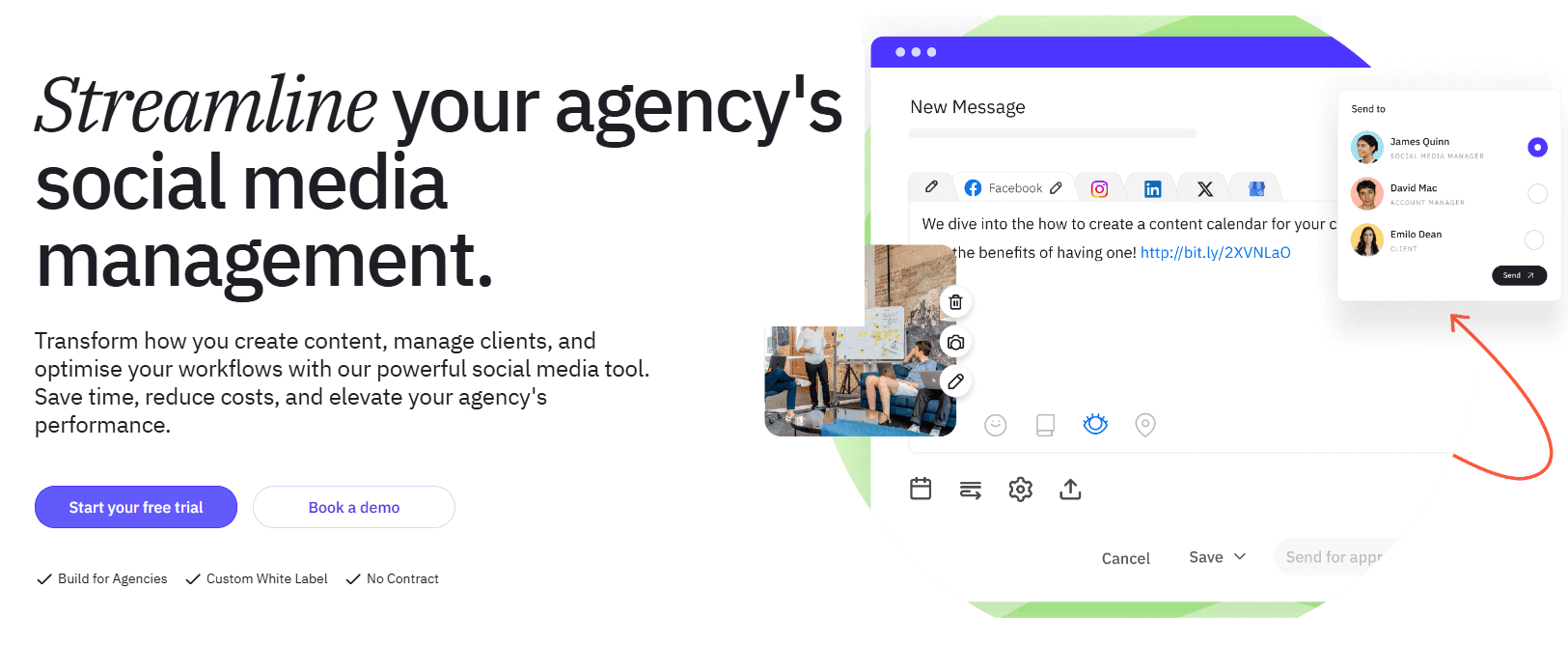 Sendible post composer with account selection, preview, and approval workflow.