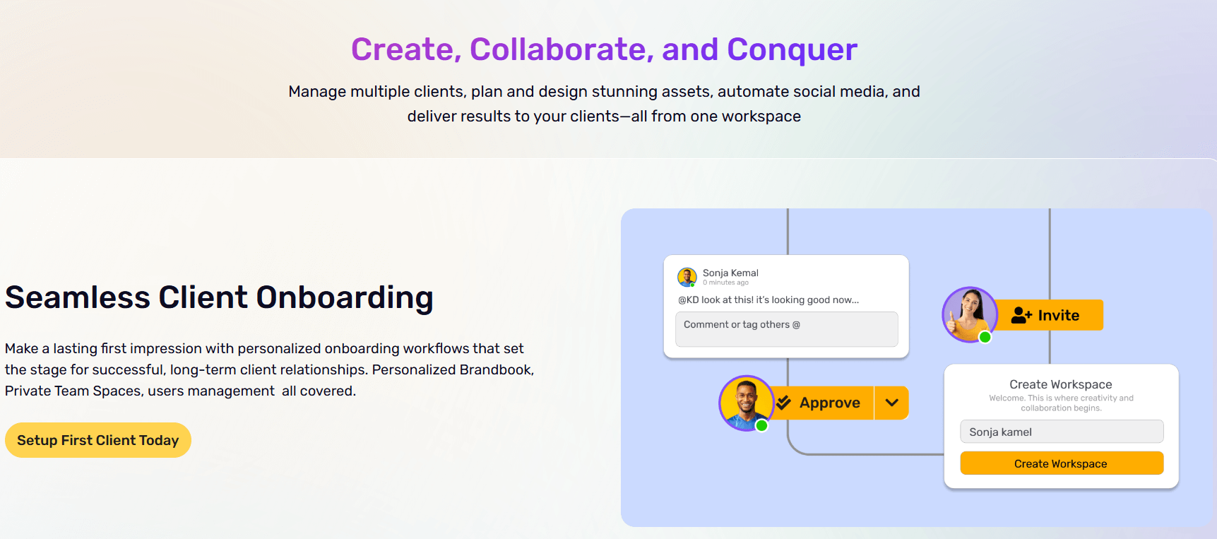 Simplified dashboard promoting client onboarding with invite, comment, approve, and create workspace options.