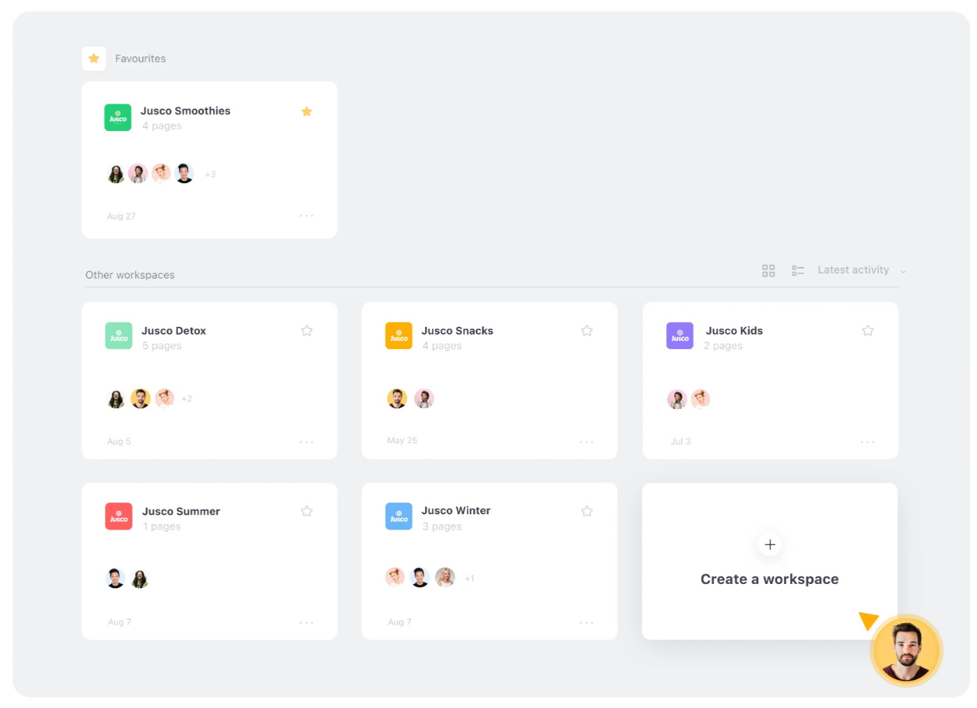 Workspace dashboard showing brand workspaces, team members, favorites, and create workspace option.