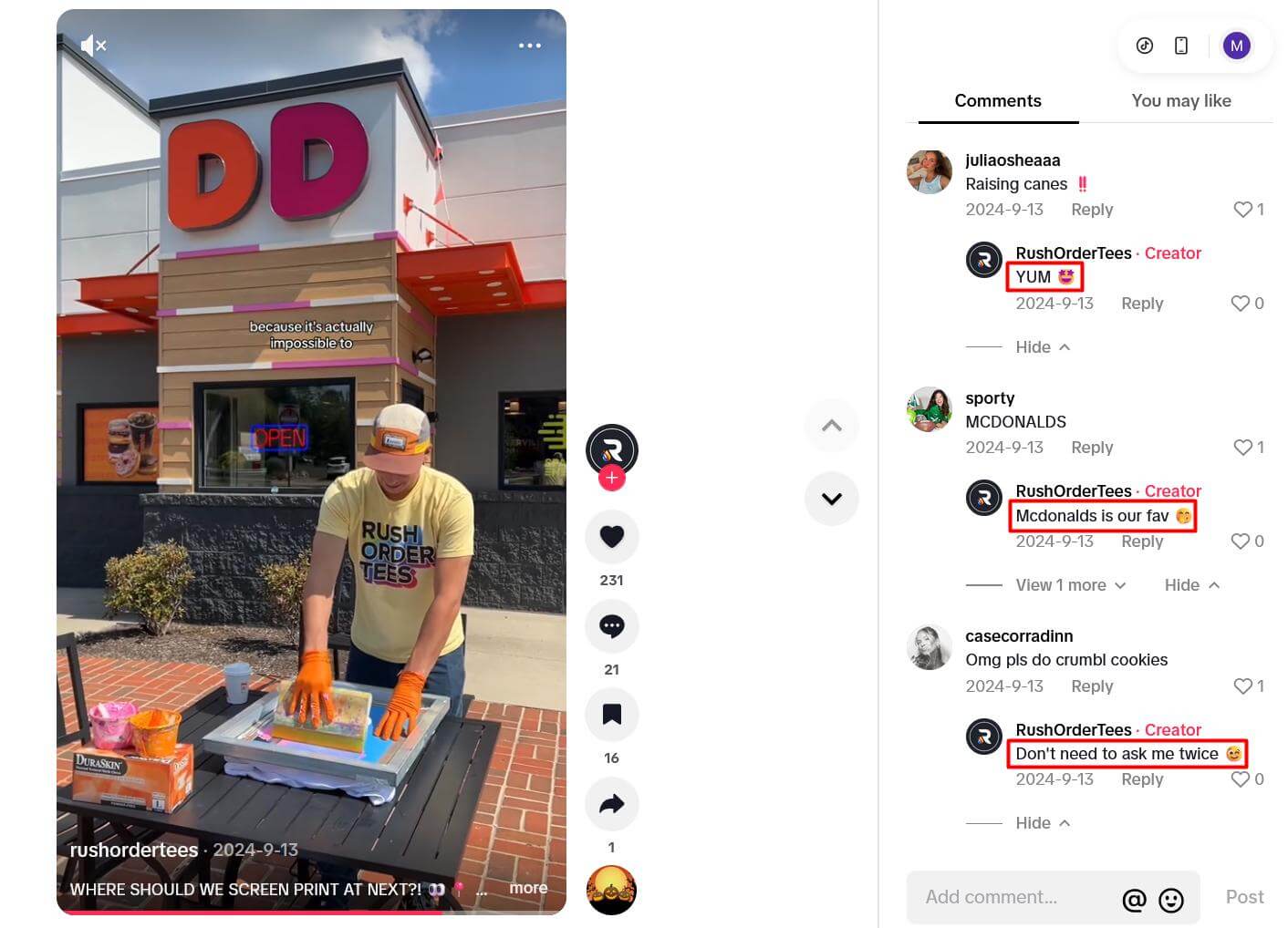 Man screen prints outside Dunkin’ in Rush Order Tees shirt; users suggest brands, creator replies playfully.