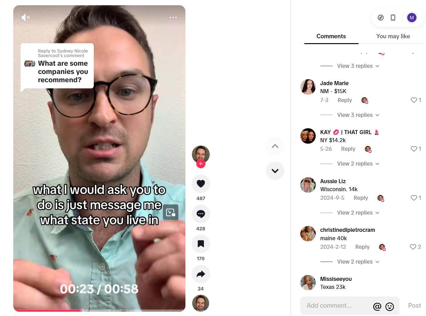 Man answers company recommendation question on TikTok; users comment salaries by U.S. states.