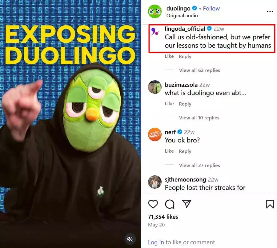 Person in Duolingo mascot mask points at camera with “Exposing Duolingo” text; their competitor Lingoda mocks AI lessons.