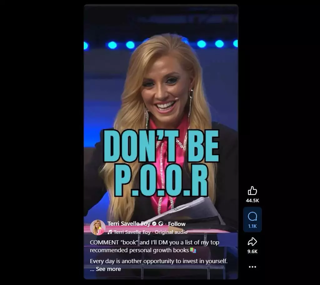 Woman smiling on stage holds notes; caption promotes book list via DM.