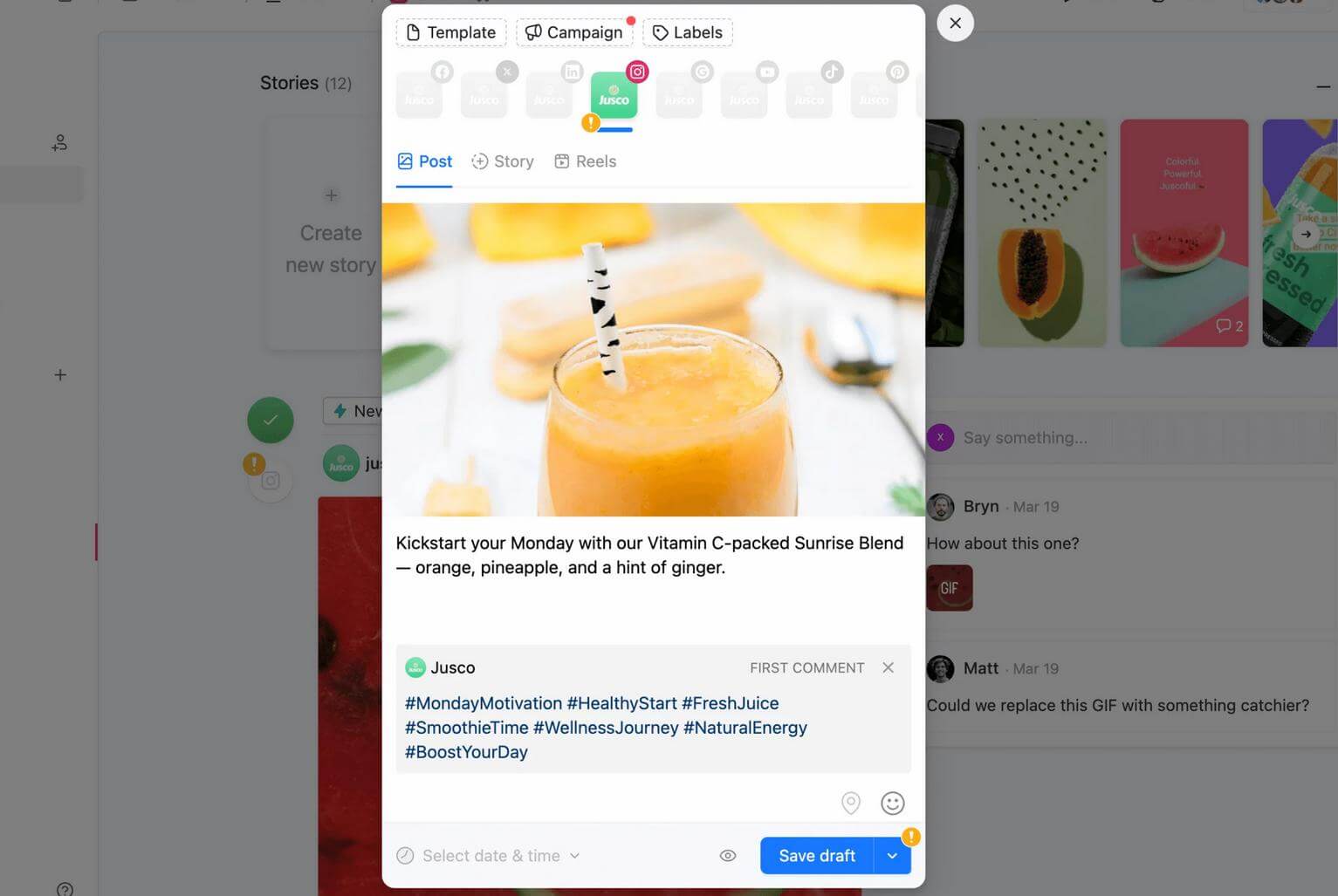 Jusco’s social post draft in Planable shows orange smoothie with hashtags promoting wellness and fresh juice.