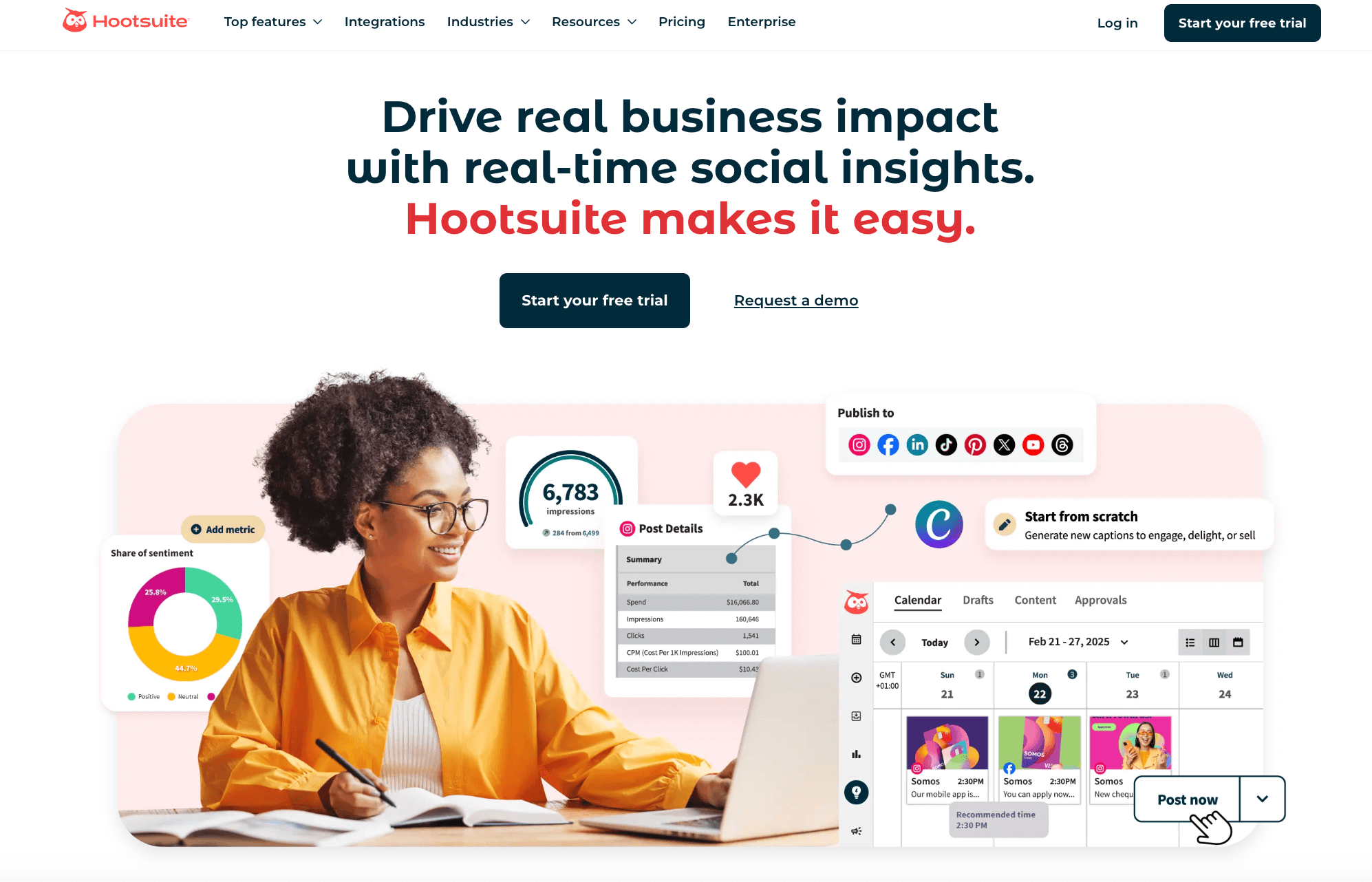 Woman using Hootsuite dashboard with social metrics, content calendar, and publishing tools on screen.