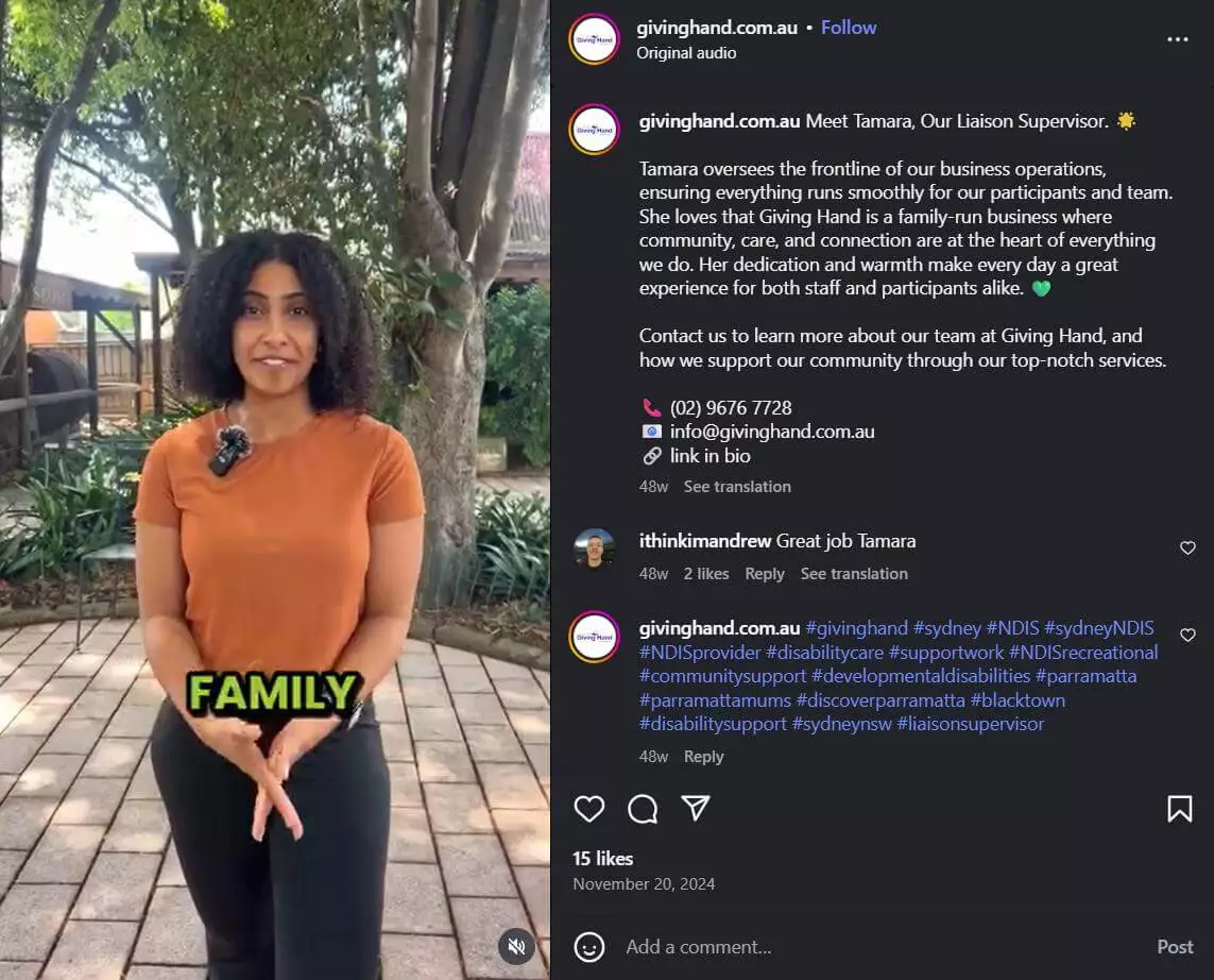 Woman in orange shirt stands outdoors; caption introduces her as liaison supervisor for NDIS provider.