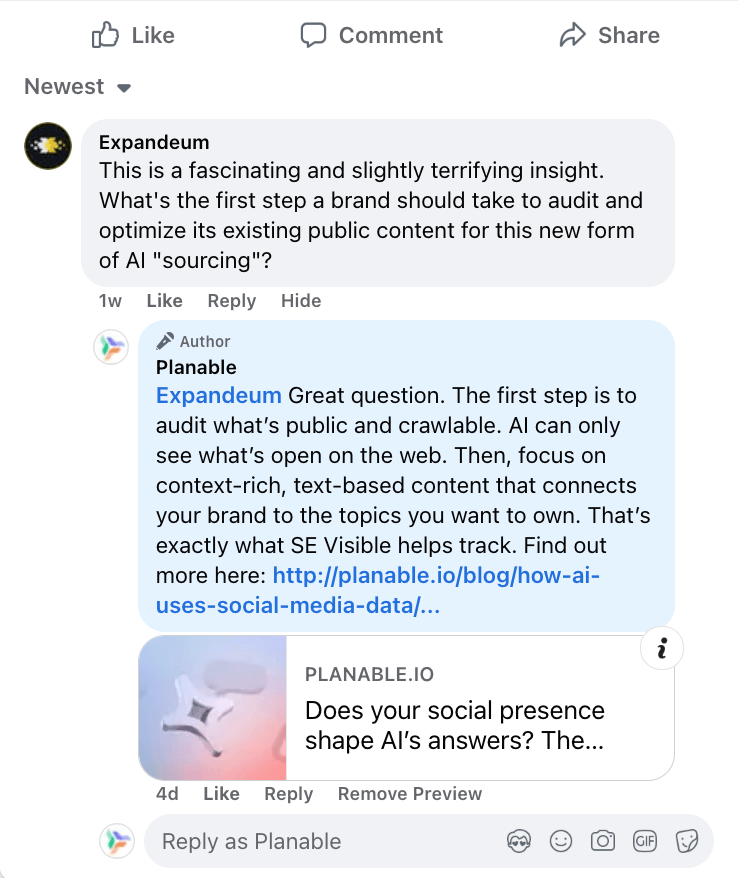 Planable replies to a comment with advice and link to audit content visibility.