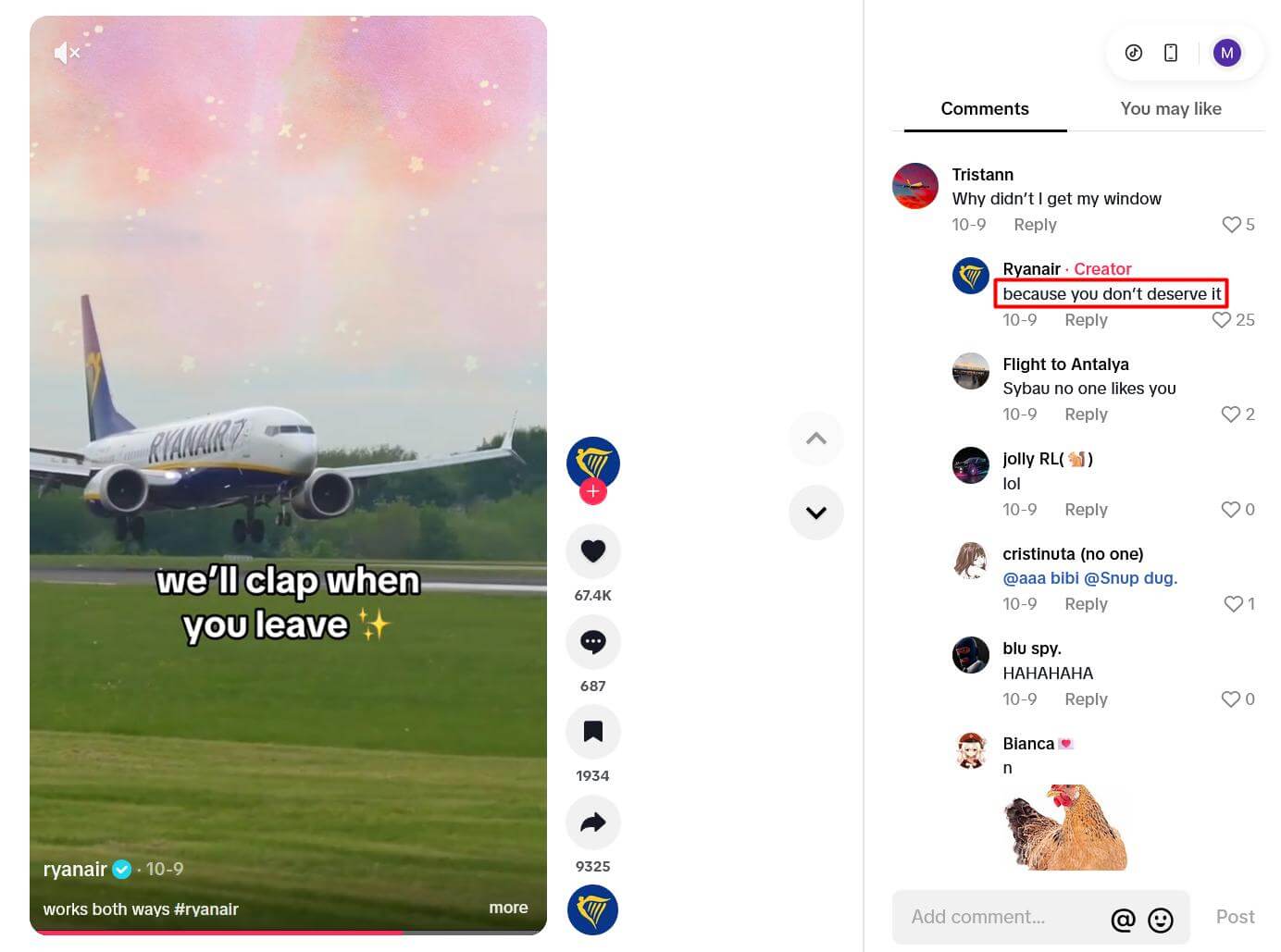 Ryanair plane landing with “we’ll clap when you leave” text; cheeky reply to comment goes viral.
